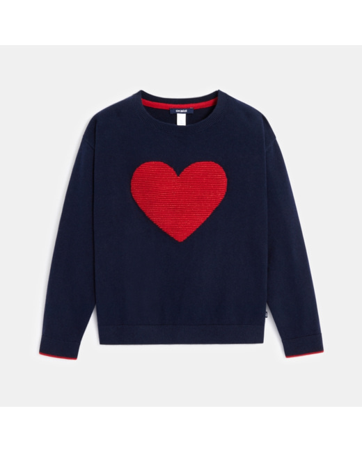 Pull en maille fine motif cœur bleu fille