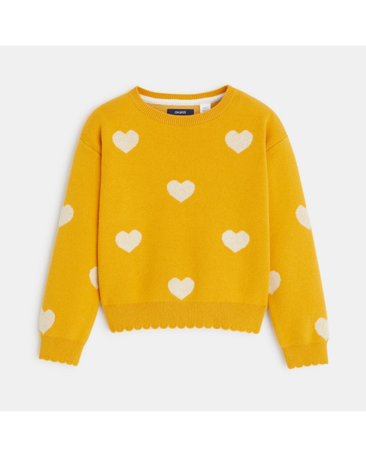 Pull col rond motif cœurs jaune fille