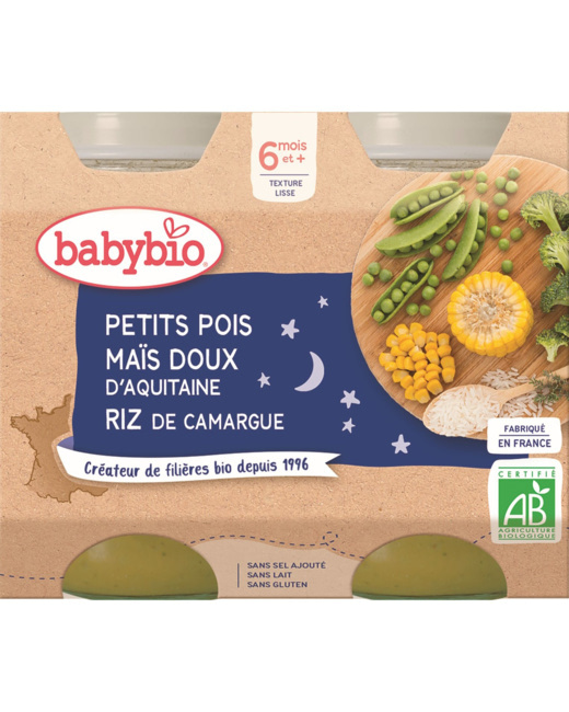 Pots BONNE NUIT Petits pois maïs doux d'Aquitaine riz de Camargue 200 g dès 8 mois