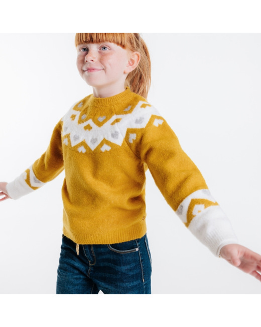 Pull jacquard cœurs jaune fille