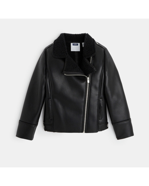 Blouson zippé en faux cuir doublé noir fille