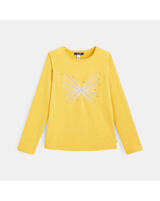 T-shirt coton bio sequins et broderies papillon jaune fille