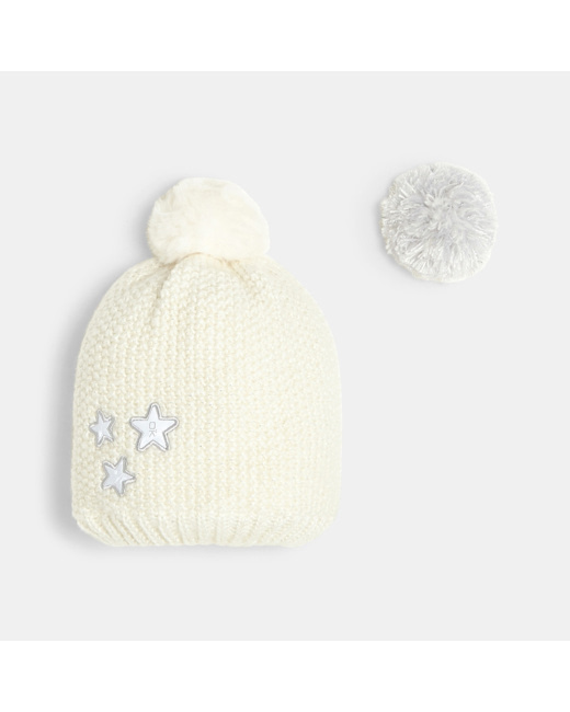 Bonnet tricot brillant doublé polaire blanc fille