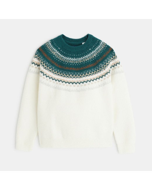 Pull jacquard col rond blanc fille