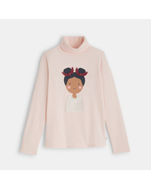 T-shirt col roulé à motif fantaisie rose fille