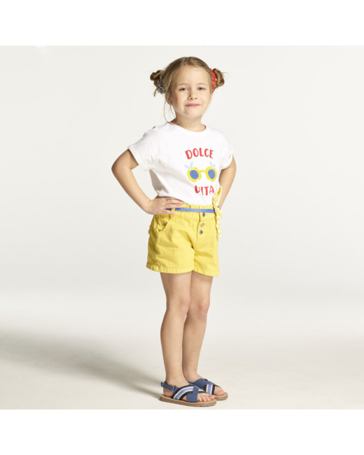 Short à taille élastiquée et boutons jaune fille