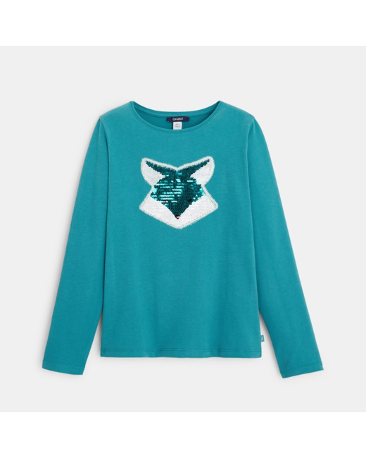 T-shirt manches longues à sequins magiques vert fille