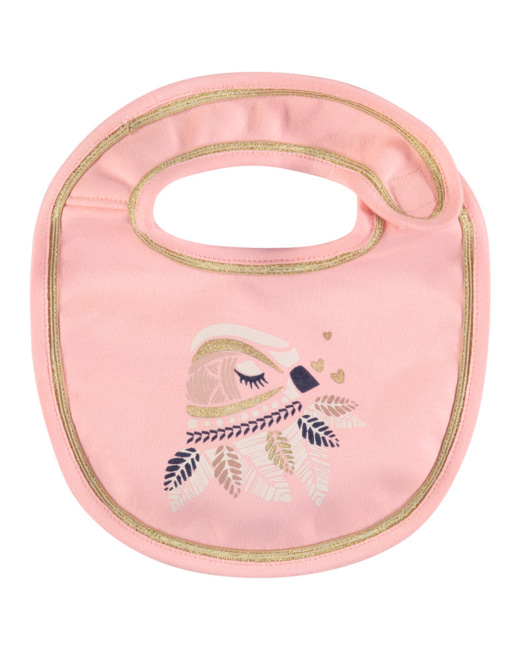 Bavoir rose print oiseau pailleté et biais doré