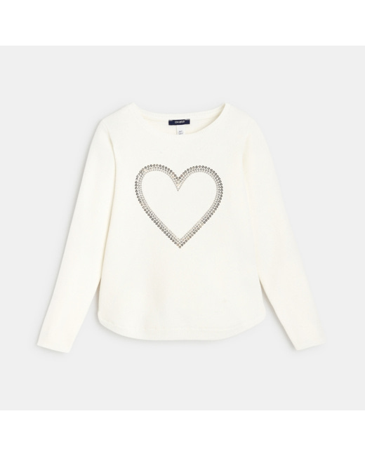 Pull fin à sequins brodés motif cœur blanc fille