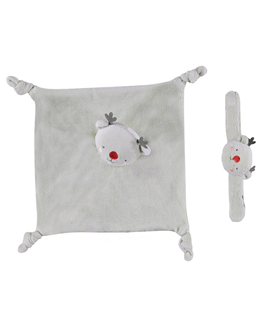 Doudou plat en velours élan et hochet velours