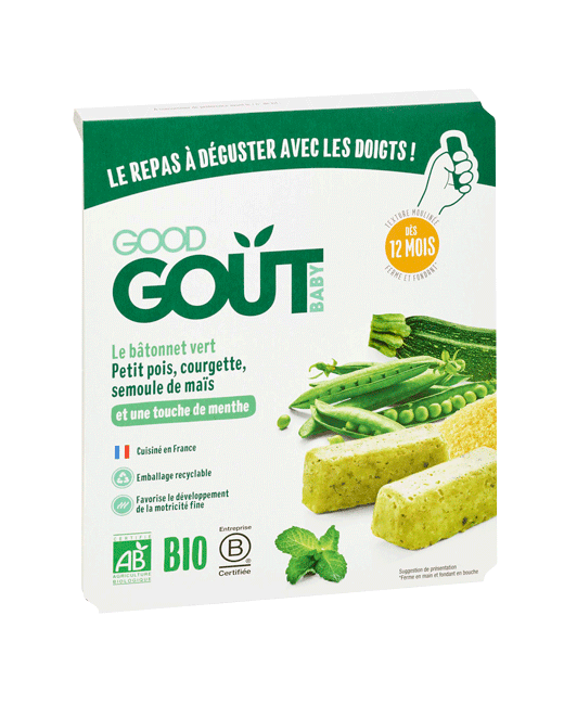 Petit plat bio Le bâtonnet vert, petit pois, courgette, semoule de maïs
