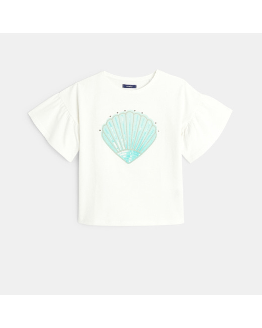 T-shirt sequins et coquillage blanc fille