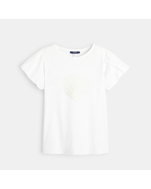 T-shirt manches plissées motif sequin blanc fille