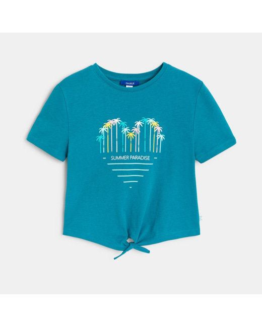 T-shirt noué avec motif placé bleu fille