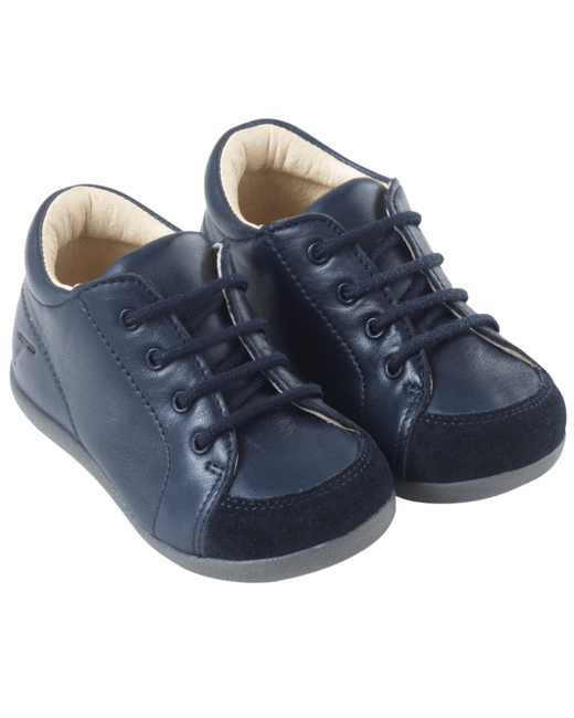 chaussures premiers pas bebe garcon bicolores dessus cuir bleu