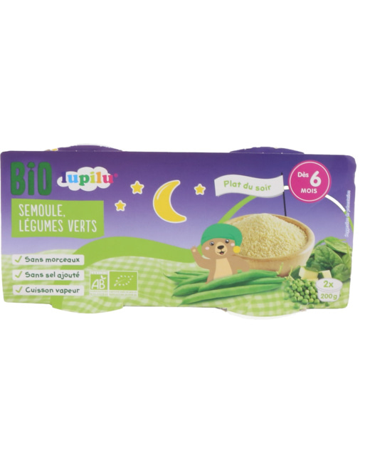 Coupelles 6 mois nuit Bio - Semoule, légumes verts