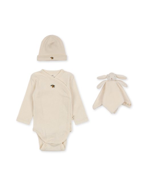 Set maternité avec body, bonnet et doudou pour la naissance