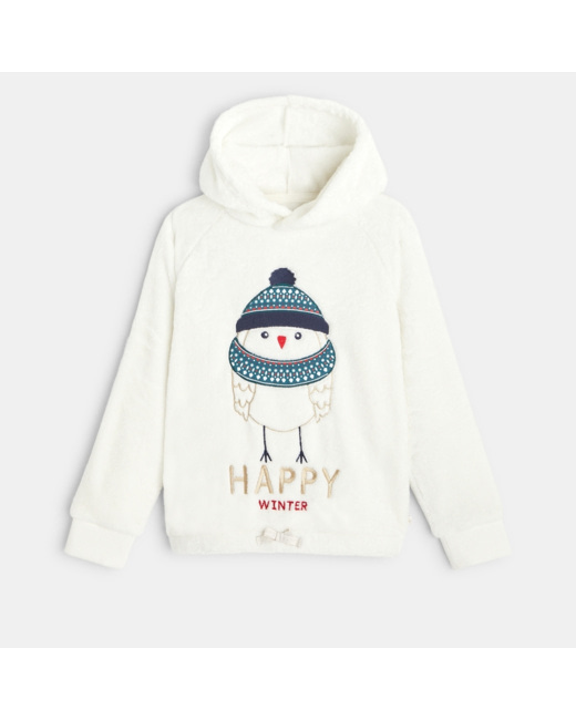 Sweat-shirt à capuche en velours motif pingouin blanc fille