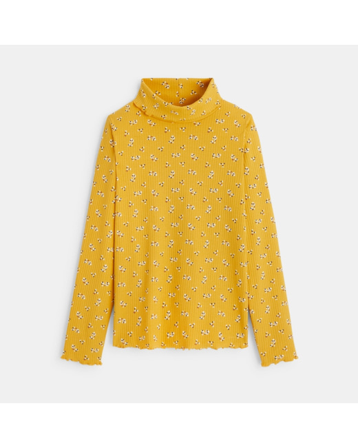 T-shirt col roulé côtelé imprimé jaune fille