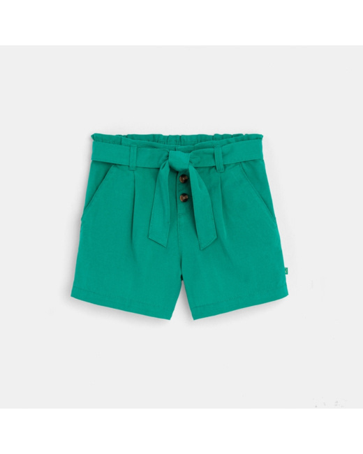 Short ceinturé en toile unie vert fille