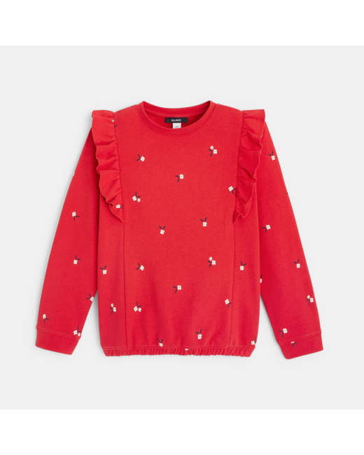 Sweat à volants et imprimé fleurs rouge fille