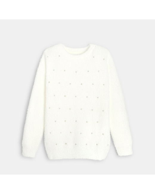 Pull fluffy à pois dorés beige fille