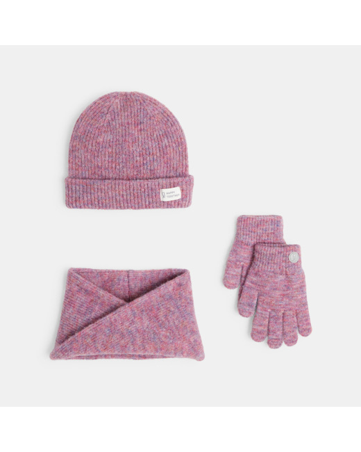 Bonnet + snood + gants coordonnés rose fille