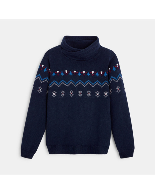 Pull jacquard à col montant bleu garçon