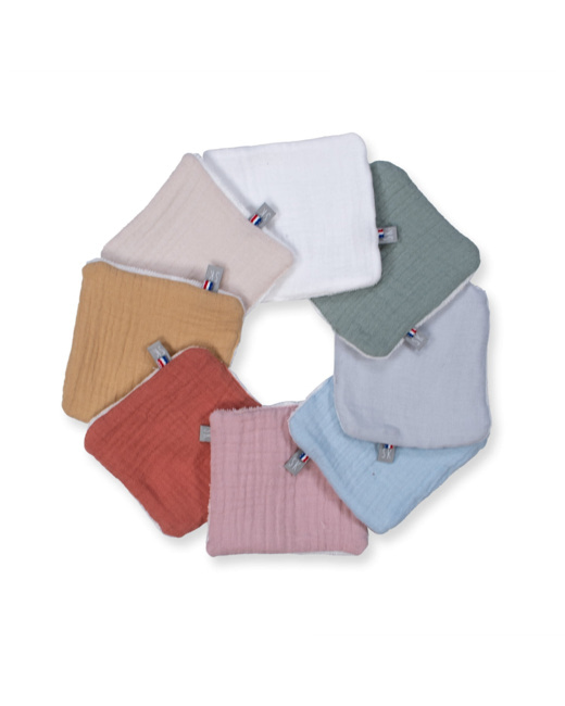 Lot de 8 lingettes lavables, semainier en gaze de coton, Jeanne