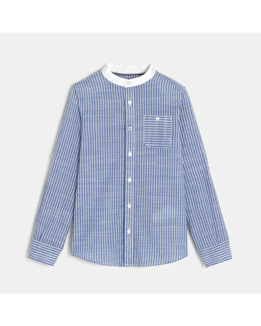 Chemise effet lin col mao rayée bleue garçon
