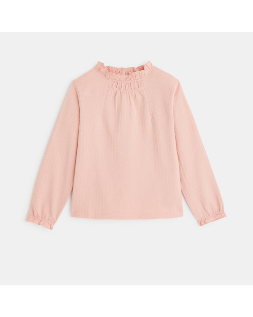 Blouse unie à col volanté rose fille