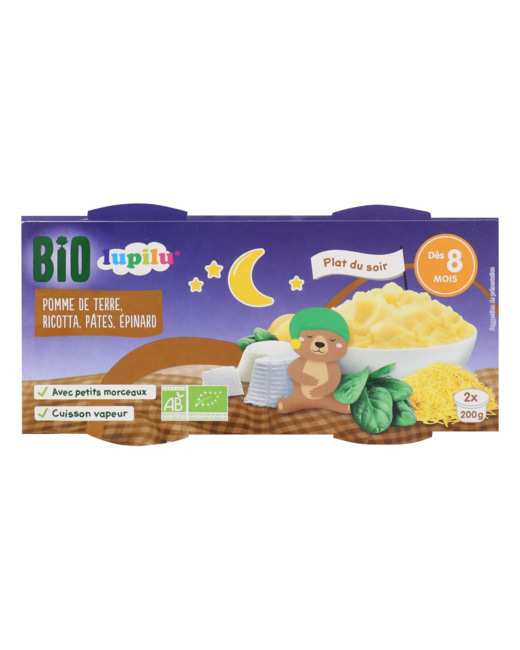 Coupelles 8 mois Bio - Pomme de terre, ricotta, pâtes, épinard