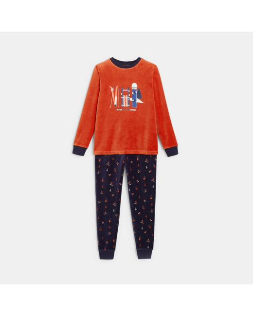 Pyjama 2 pièces en velours motif ski orange garçon