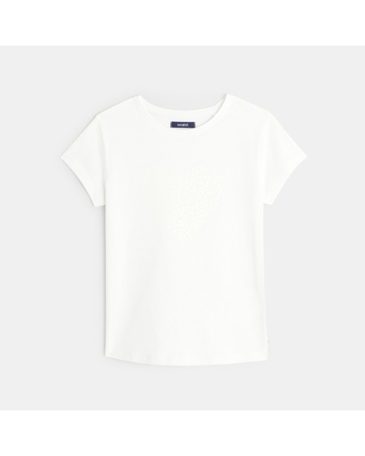 T-shirt manches courtes motif Cœur ton sur ton blanc fille