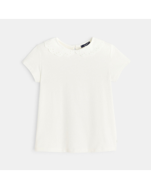 T-shirt à col Claudine brodé blanc fille