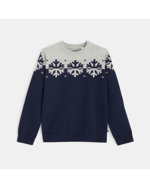 Pull col rond motif flocon bleu garçon