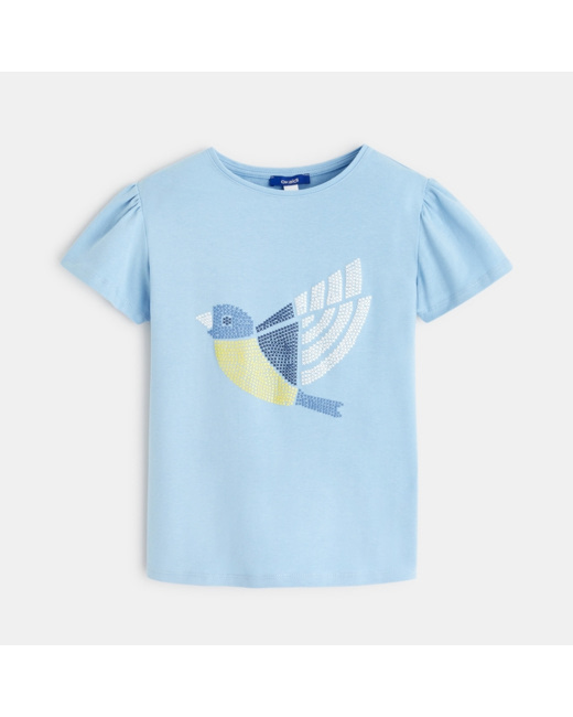 T-shirt imprimé oiseau point de croix bleu fille