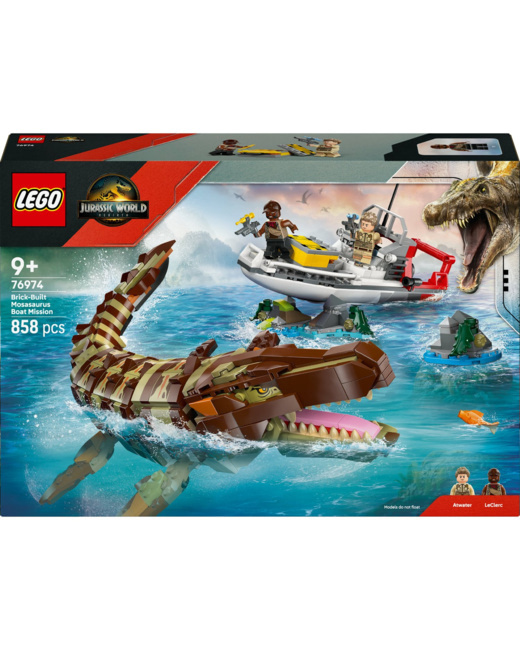 Le bateau en mission et le mosasaure en briques Jurassic World