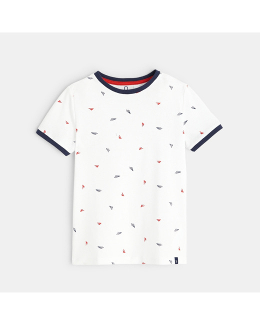 T-shirt en piqué de coton "Avion en papier" blanc garçon