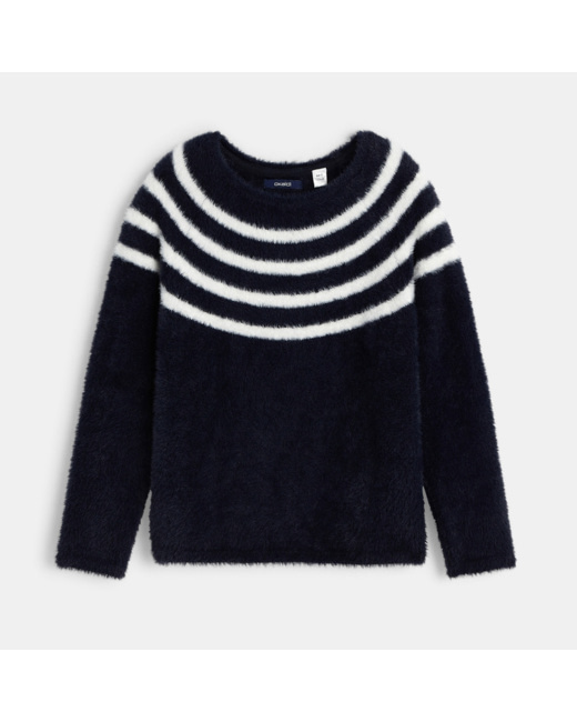 Pull effet poilu rayé bleu fille