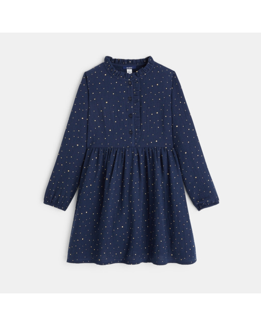 Robe en gaze de coton à pois dorés bleue fille