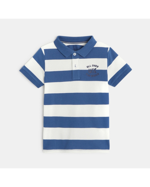 Polo rayé en jersey piqué bleu garçon