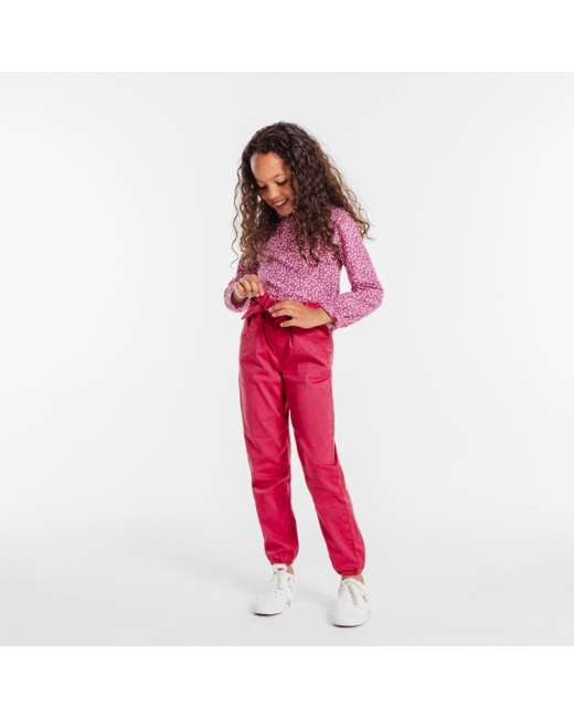 Pantalon en toile unie ceinturé rose fille
