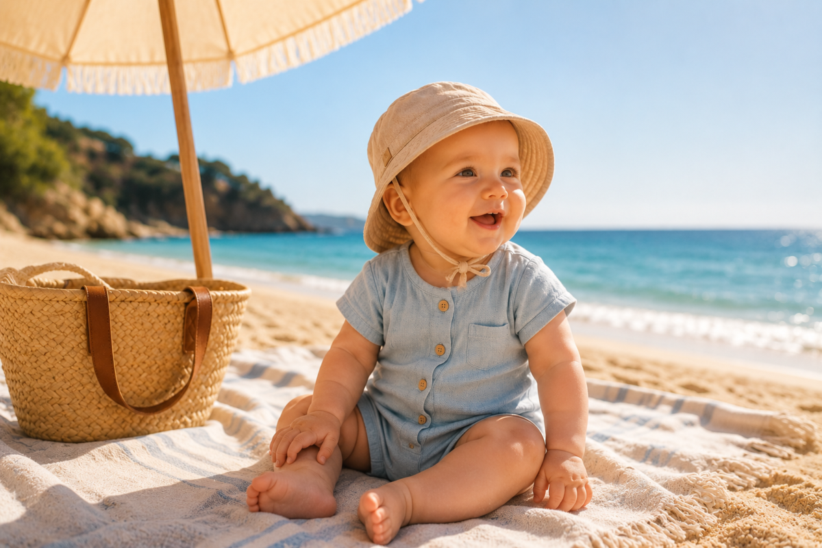 Bébé assis sur une serviette à la plage sous un parasol pendant les vacances d'été