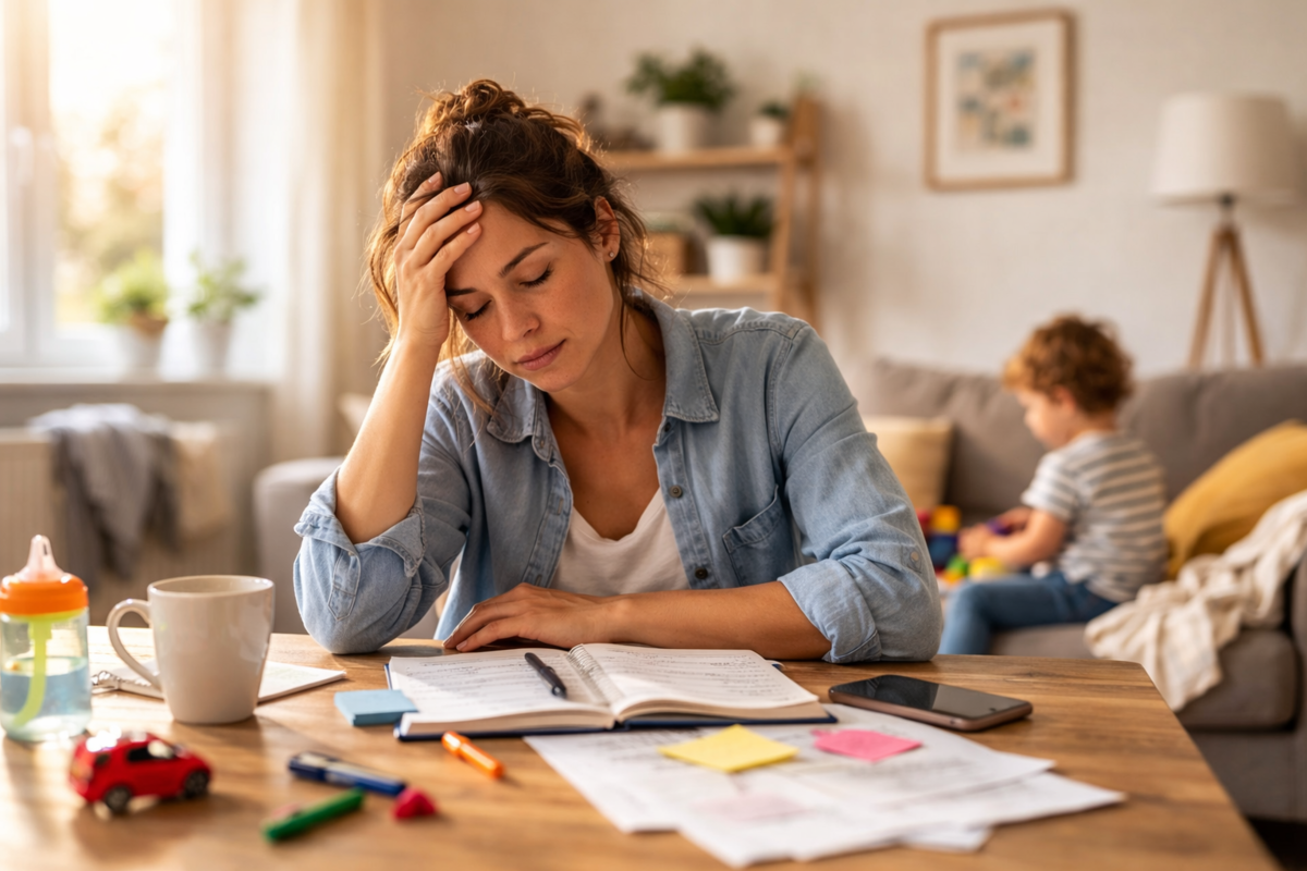 Mère fatiguée écrivant dans un carnet pendant que son enfant joue en arrière-plan, illustrant la charge mentale parentale