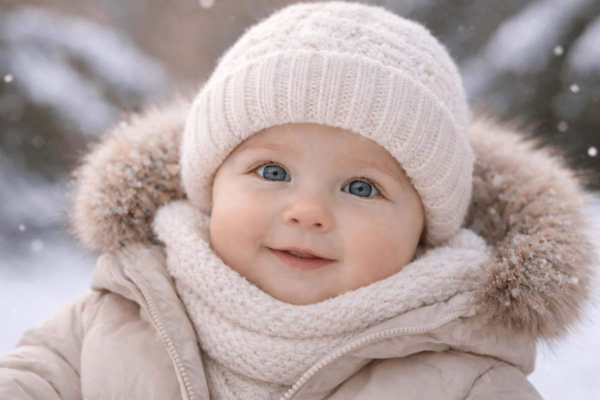 Bébé bien couvert en hiver, emmitouflé dans un manteau chaud