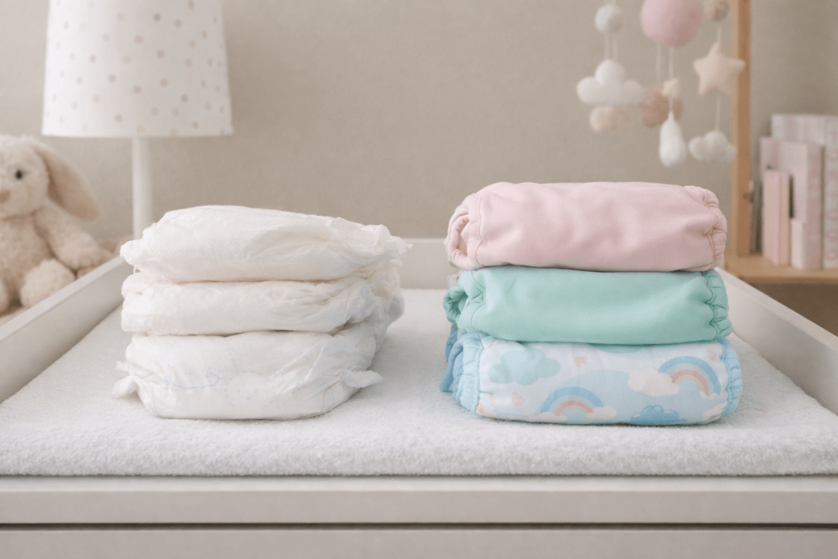 Piles de couches lavables et jetables aux couleurs pastel sur une table à langer dans une chambre d'enfant