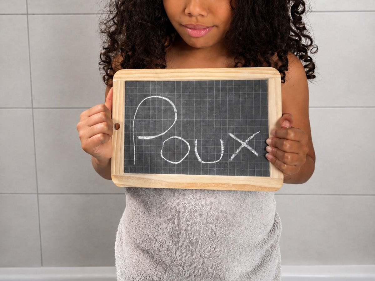 Jeune fille tenant une ardoise sur laquelle est écrit « Poux »