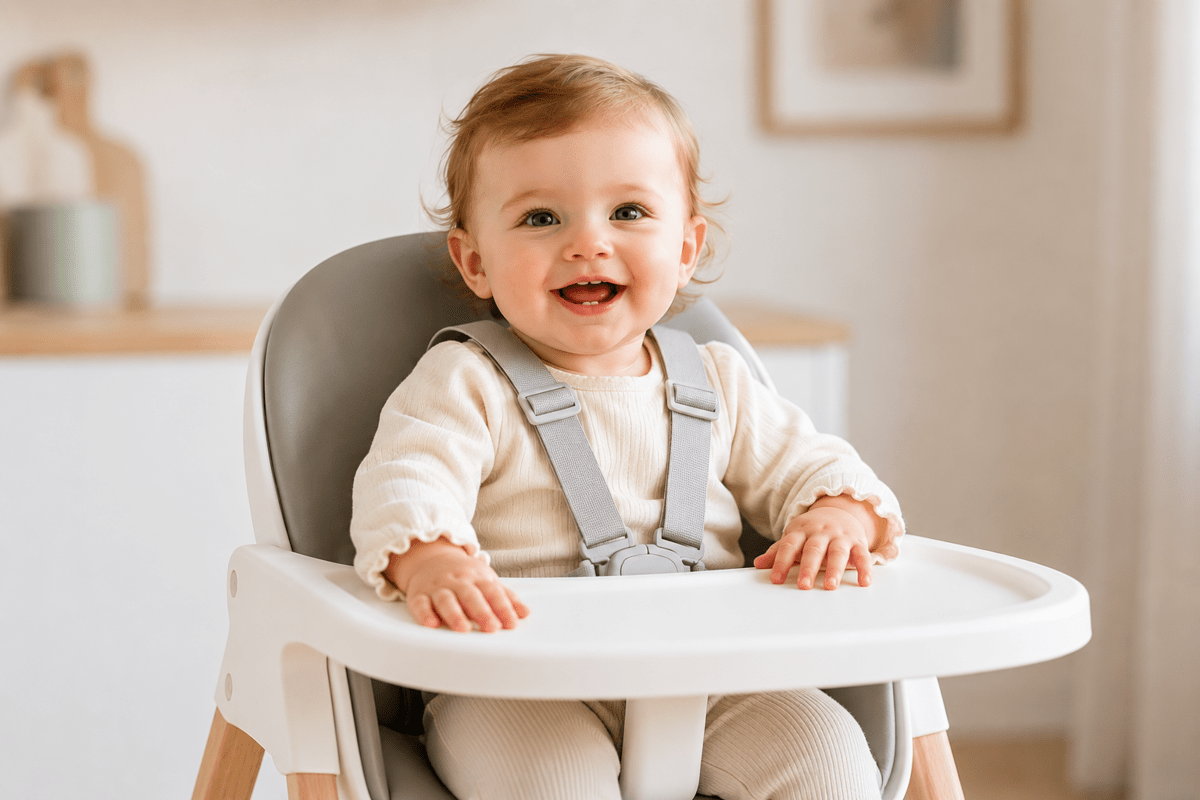 Bébé souriant installé dans une chaise haute moderne au moment du repas