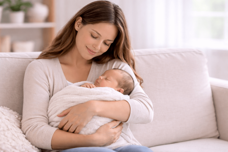 Mère tenant son nouveau-né dans ses bras à la maison pendant le congé maternité